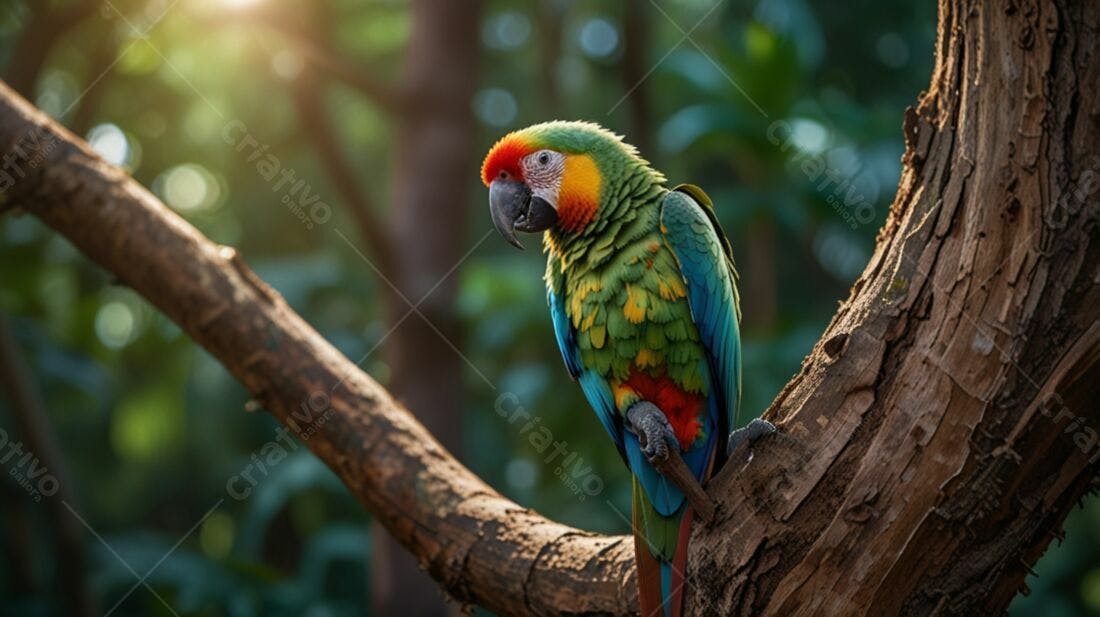 Arara colorida em tronco de árvore na natureza