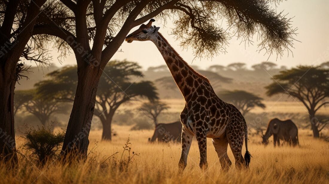 Girafa na Savana Africana ao Amanhecer