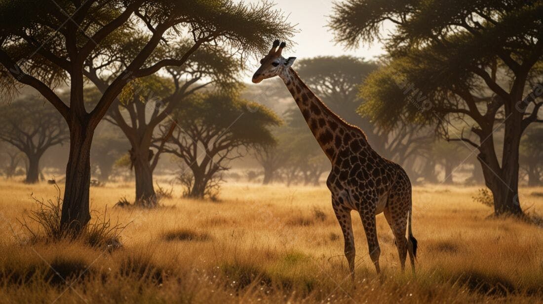 Girafa na savana africana ao amanhecer