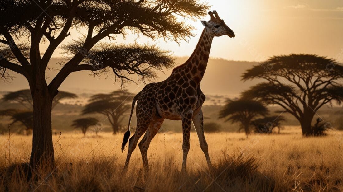 Girafa na Savana Africana ao Pôr do Sol