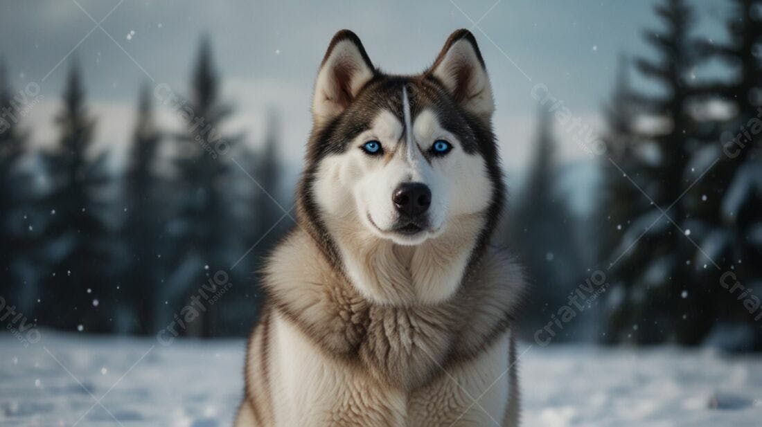 Husky Siberiano na Neve Olhando para a Câmera