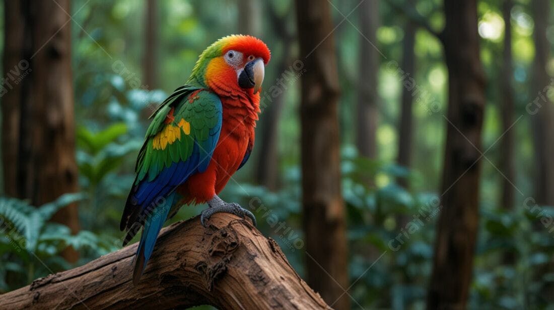 Arara colorida em tronco de árvore na floresta