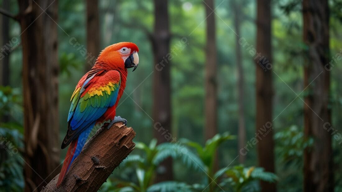Arara-vermelha em tronco na floresta