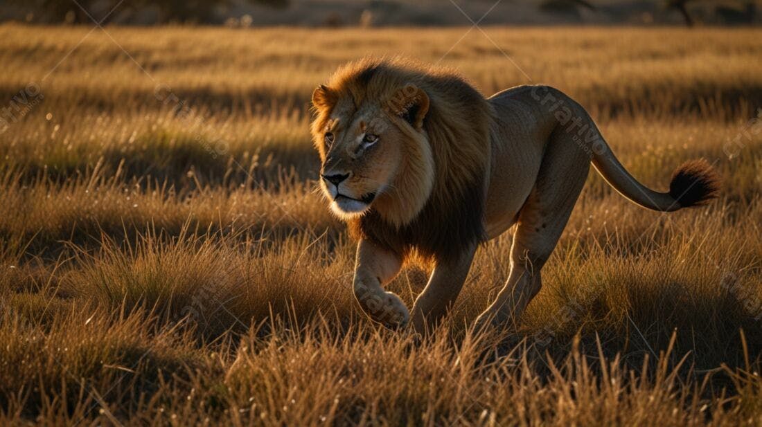 Leão caminhando na savana ao entardecer