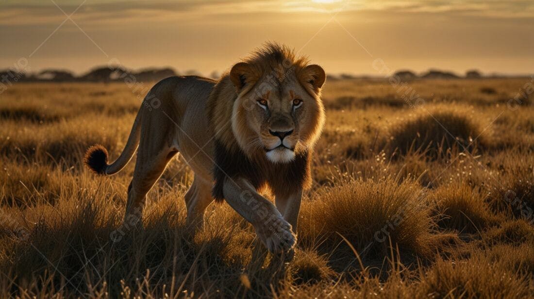 Leão caminhando ao pôr do sol na savana