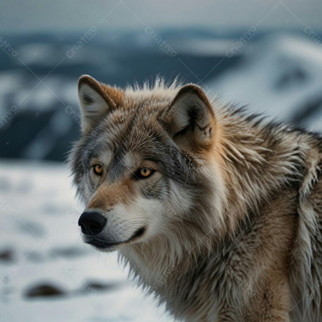 Lobo Cinzento na Neve Olhando para o Lado