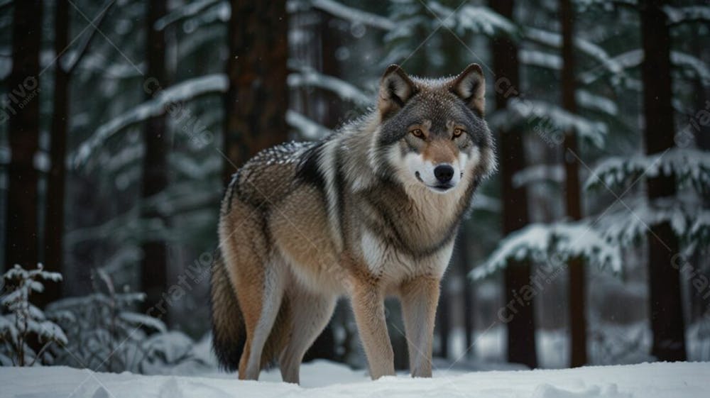 Um Lobo Em Uma Floresta Coberta De Gelo