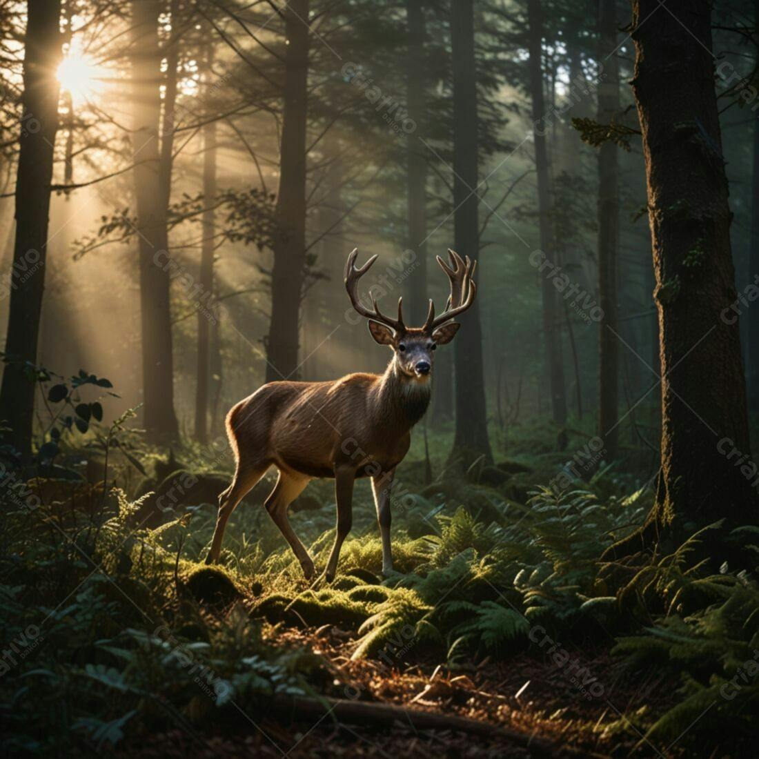 Cervo majestoso em floresta ao amanhecer