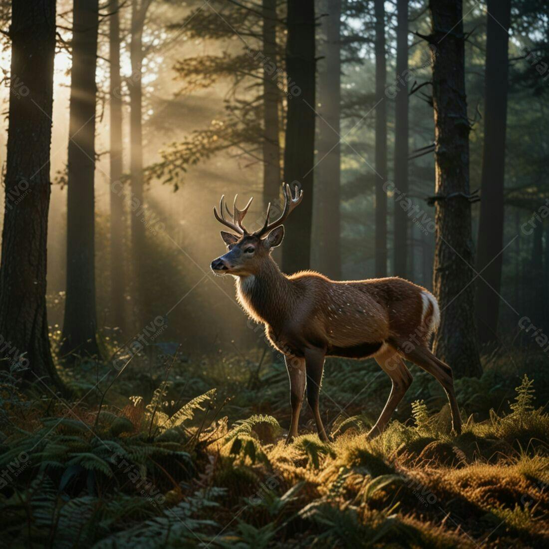 Cervo majestoso em floresta ao amanhecer