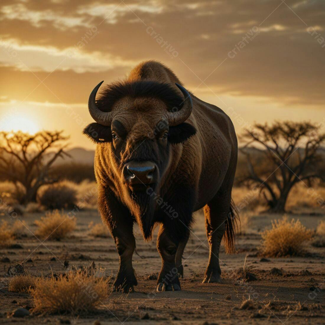 Búfalo na savana ao pôr do sol
