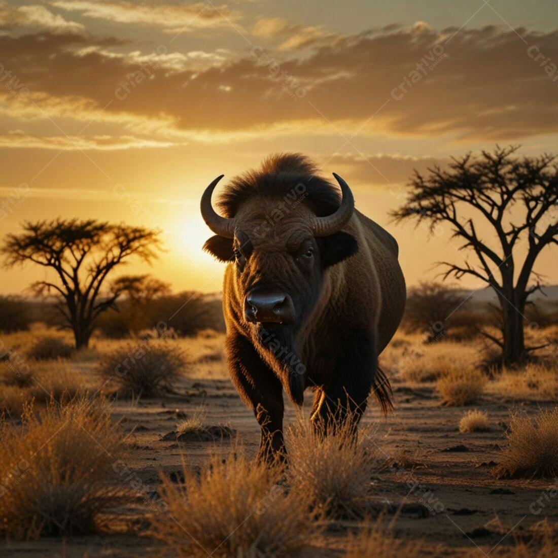Búfalo na savana africana ao pôr do sol