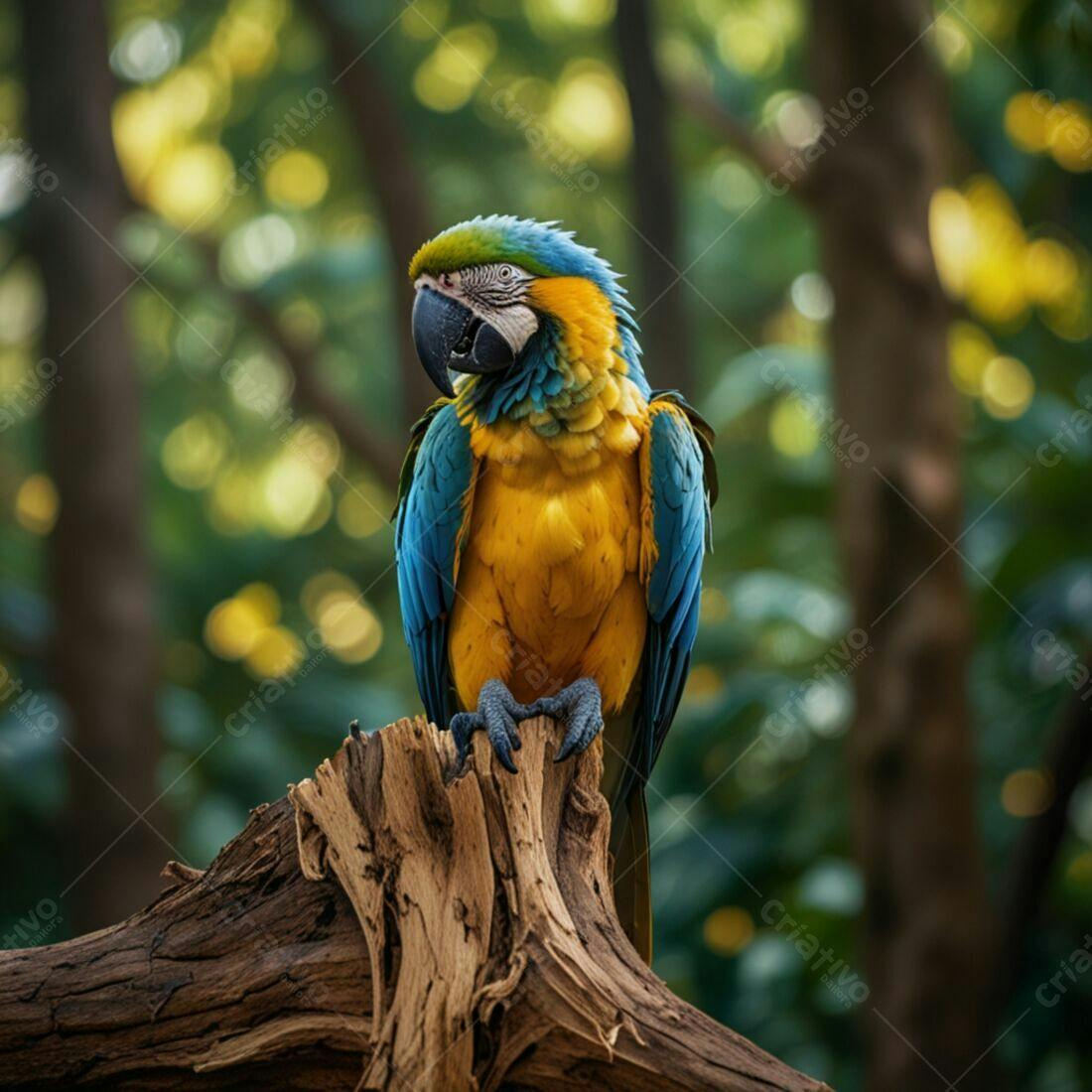 Arara-azul-e-amarela em tronco de árvore