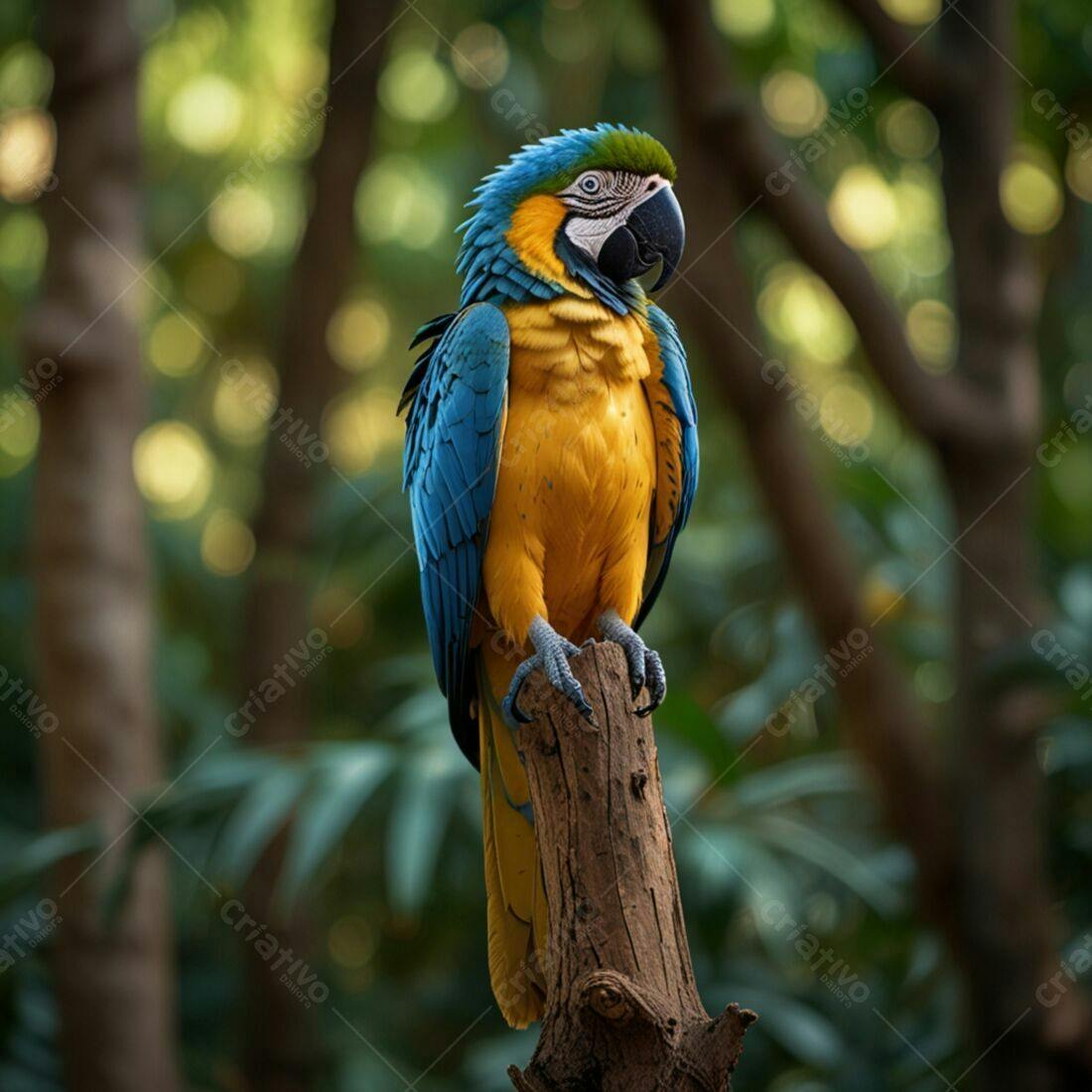 Arara-azul-e-amarela em tronco de árvore