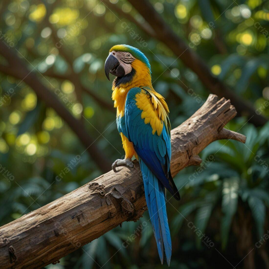 Arara-azul-e-amarela em tronco de árvore