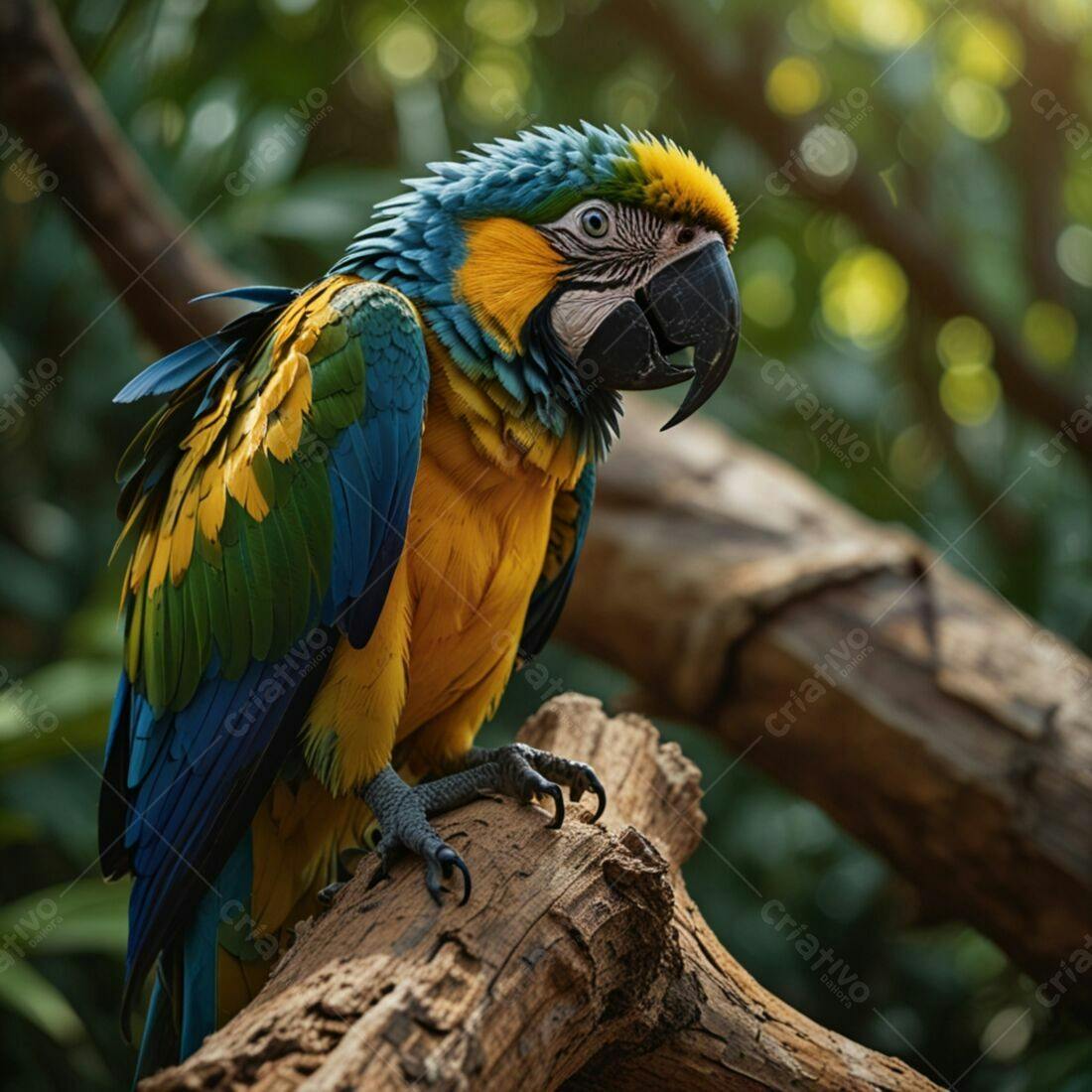 Arara-azul-e-amarela em tronco de árvore