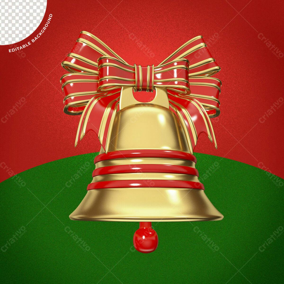 Sinos de Natal Dourados com Laço Vermelho PSD Editável