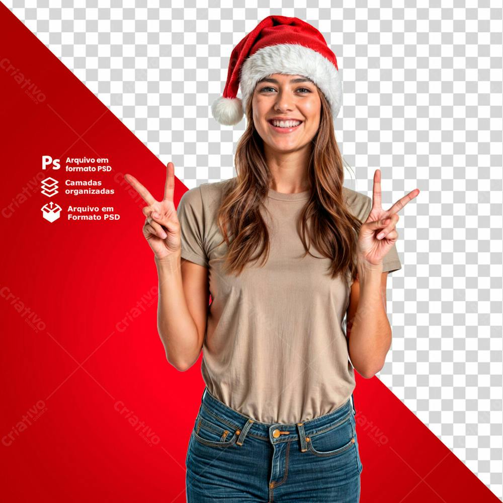 Mulher Com Gorro De Natal E Camiseta Cinza Acenando Sorridente Imagem Sem Fundo Psd Editável