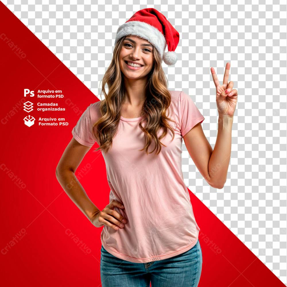 Mulher Com Gorro De Natal E Camiseta Rosa Acenando Sorridente Imagem Sem Fundo Psd Editável