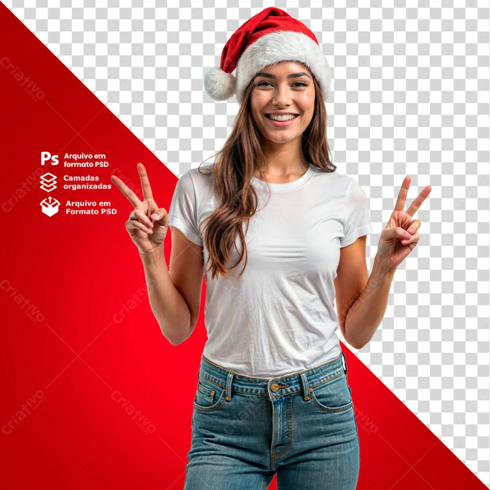 Mulher Com Gorro De Natal Acenando Sorridente Imagem Sem Fundo Psd Editável