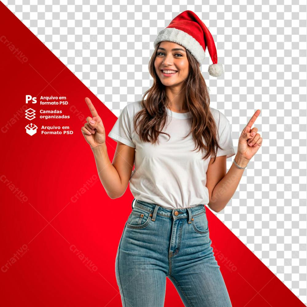 Mulher Com Gorro De Natal Apontando Pra Cima E Sorrindo Imagem Sem Fundo Psd Editável