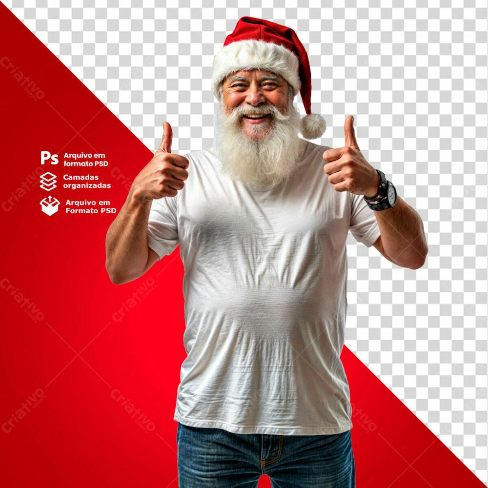 Papai Noel Com Gorro De Natal E Camisa Branca Fazendo Sinal De Positivo E Sorridente Imagem Sem Fundo Psd Editável