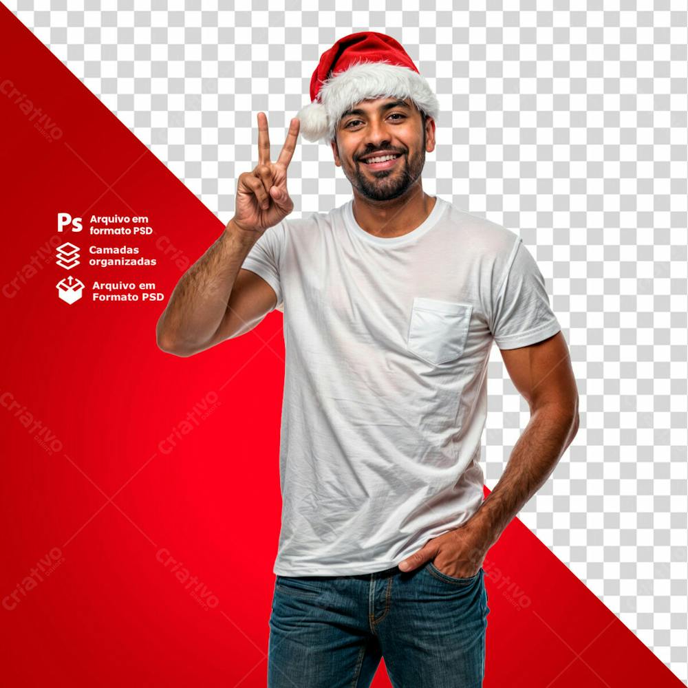 Homem Com Gorro De Natal E Camisa Branca Acenando E Sorridente Imagem Sem Fundo Psd Editável