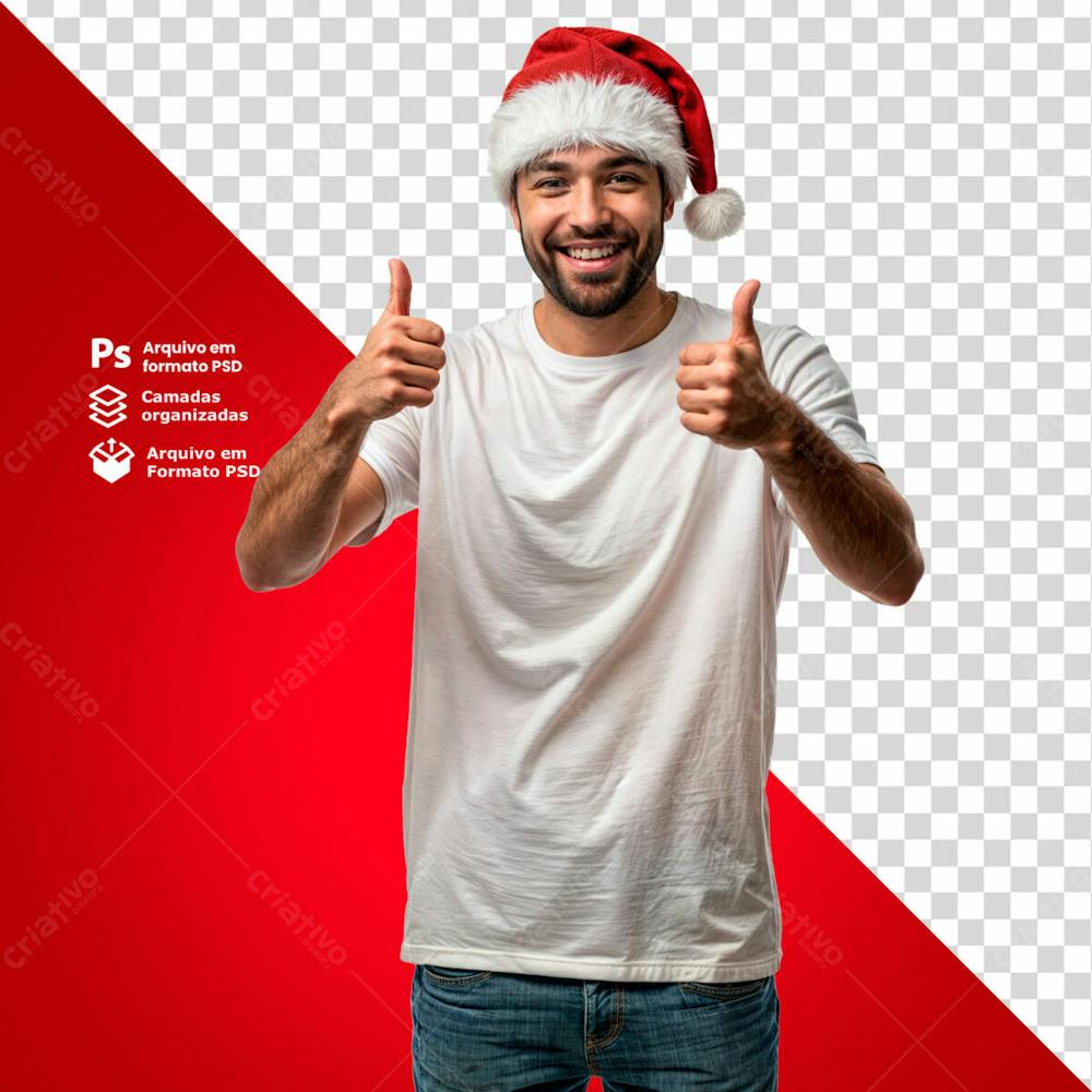 Homem Com Gorro De Natal E Camisa Branca Acenando Fazendo Sinal De Positivo Sorridente Imagem Sem Fundo Psd Editável