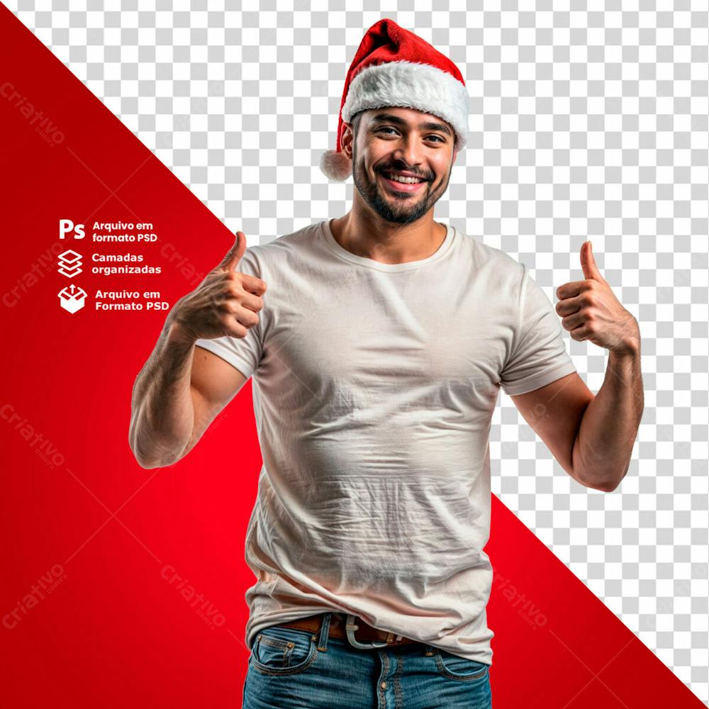 Homem Com Gorro De Natal E Camisa Branca Acenando Positivo E Sorrindo Imagem Sem Fundo Psd Editável