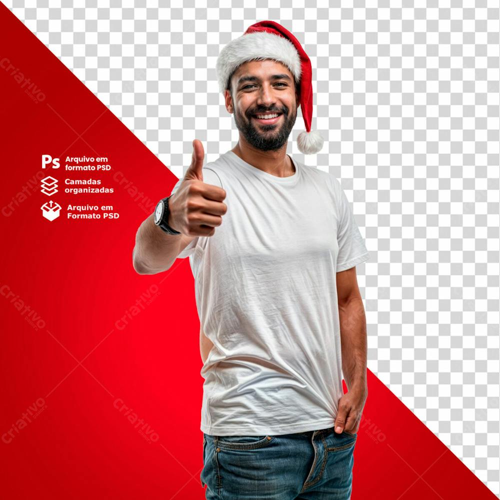 Homem Com Gorro De Natal E Camisa Branca Acenando Positivo Imagem Sem Fundo Psd Editável