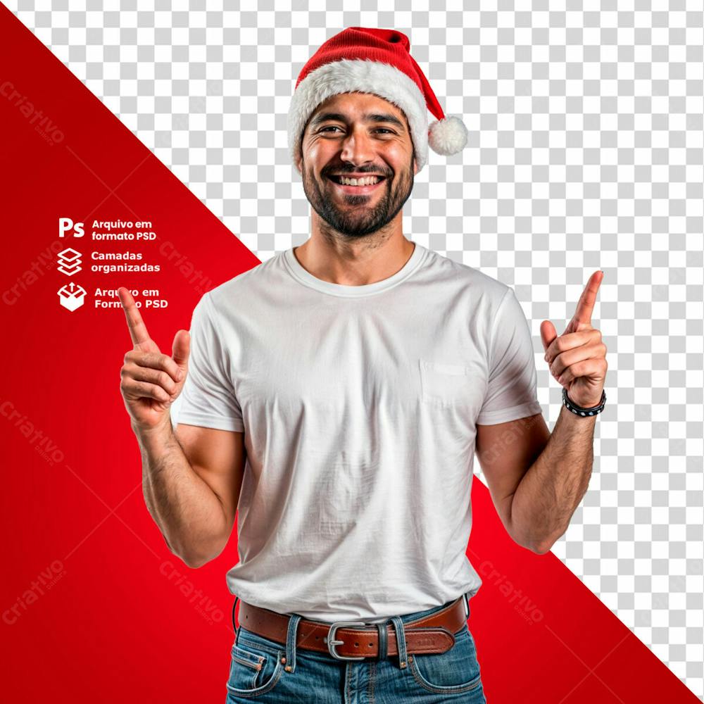 Homem Com Gorro De Natal E Camisa Branca Apontando Para Cima E Sorrindo Imagem Sem Fundo Psd Editável