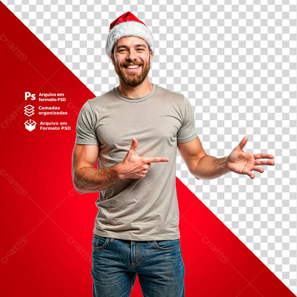 Homem Com Gorro De Natal E Camisa Cinza Acenando Imagem Sem Fundo Psd Editável