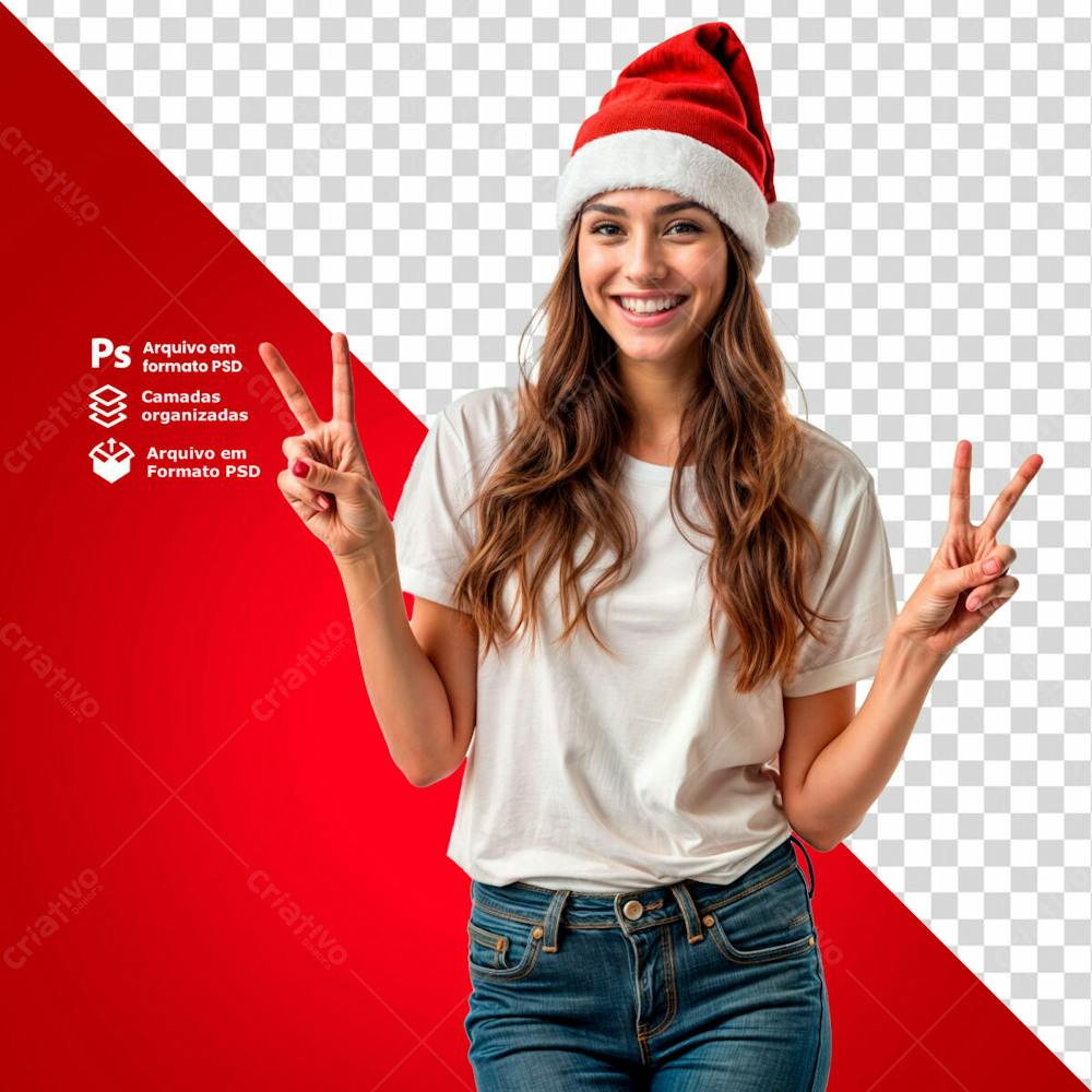 Mulher Com Gorro De Natal E Camiseta Branca Acenando Sorridente Imagem Sem Fundo Psd Editável