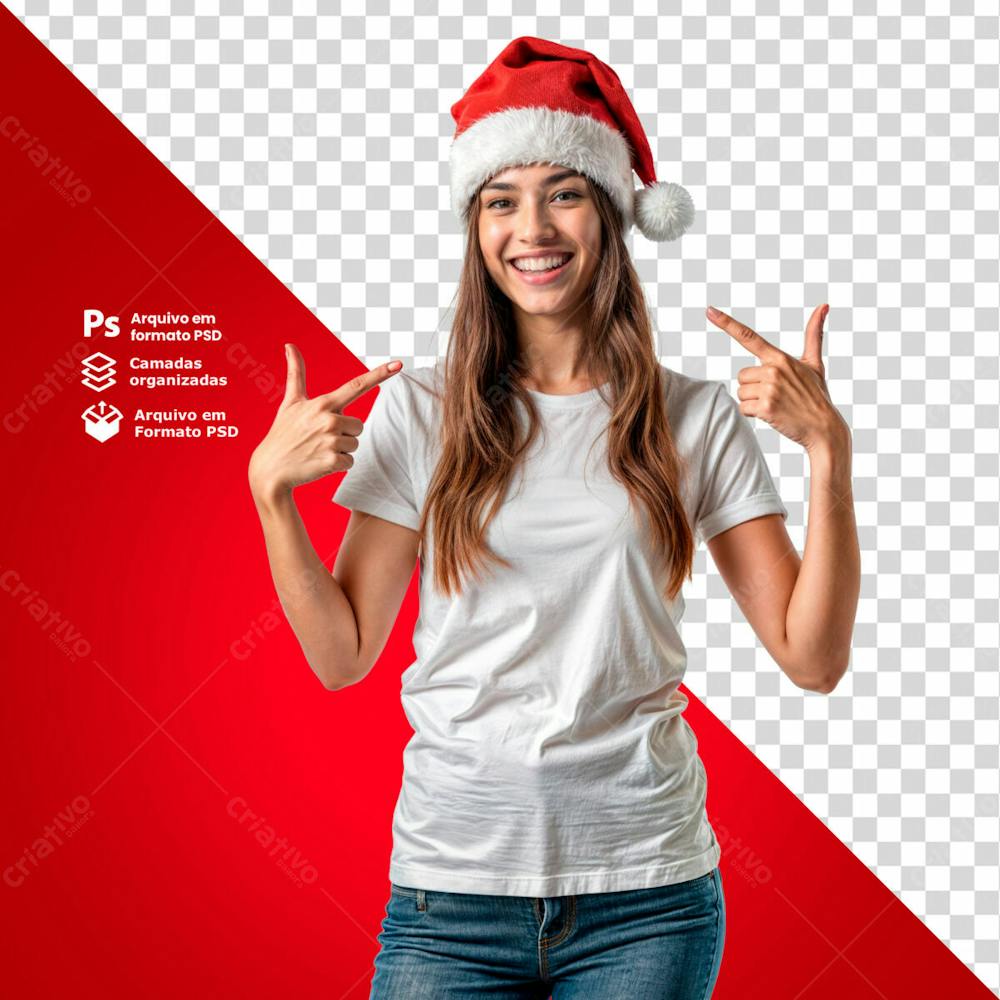 Mulher Com Gorro De Natal E Camiseta Branca Apondando Para Seu Sorriso Imagem Sem Fundo Psd Editável