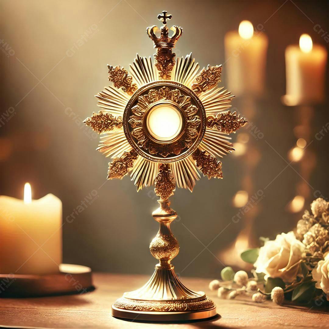 Ostensório dourado com velas e flores