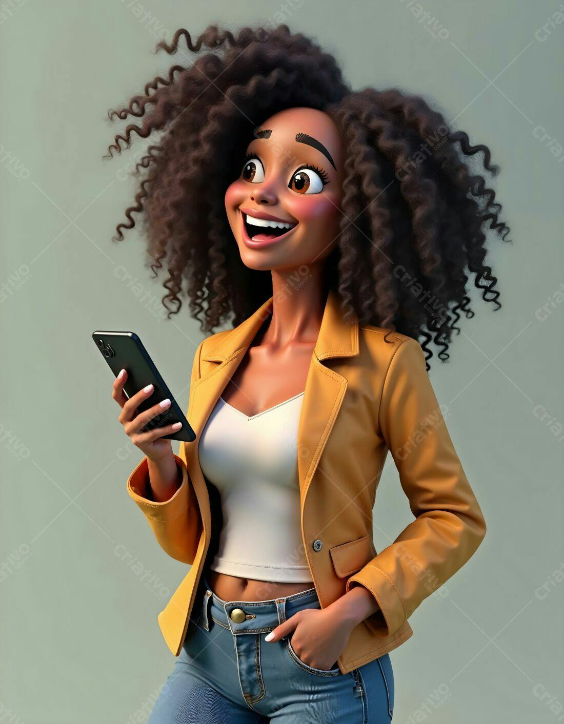 Mulher negra alegre usando celular