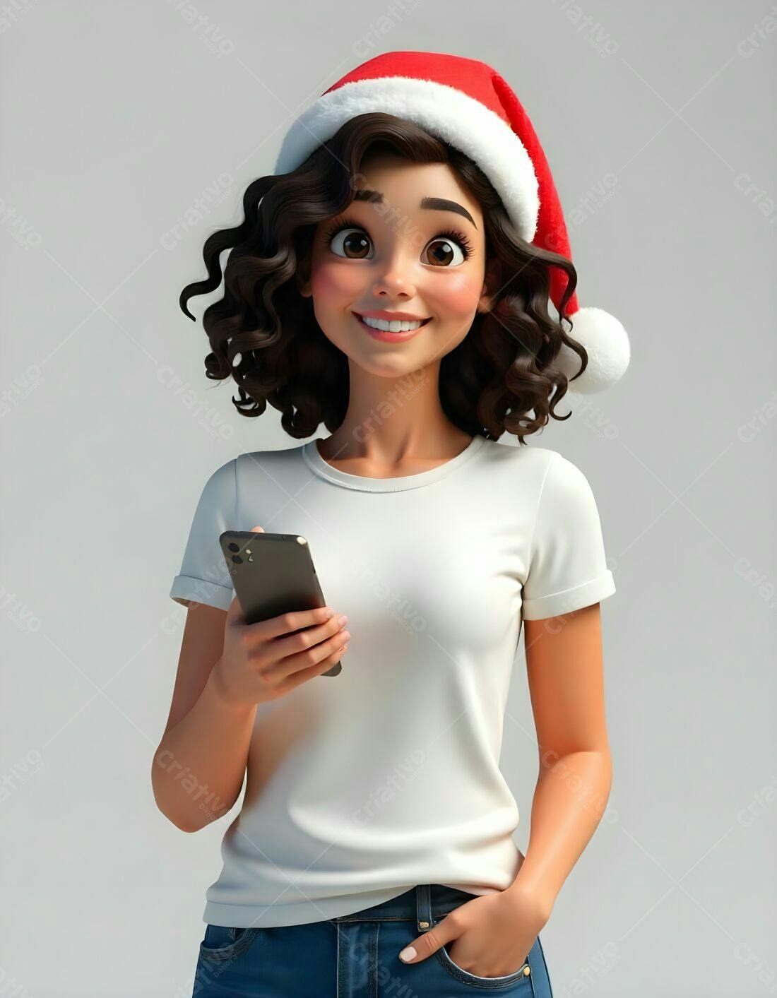 Menina com gorro de Papai Noel usando celular