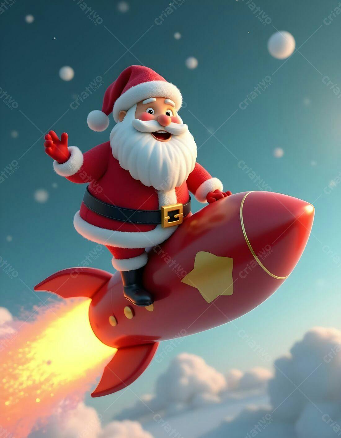 Papai Noel voando em foguete natalino