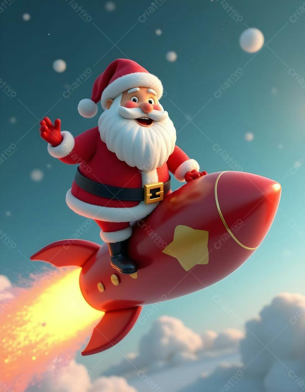 Papai Noel Decolando Em Um Foguete, Feliz
