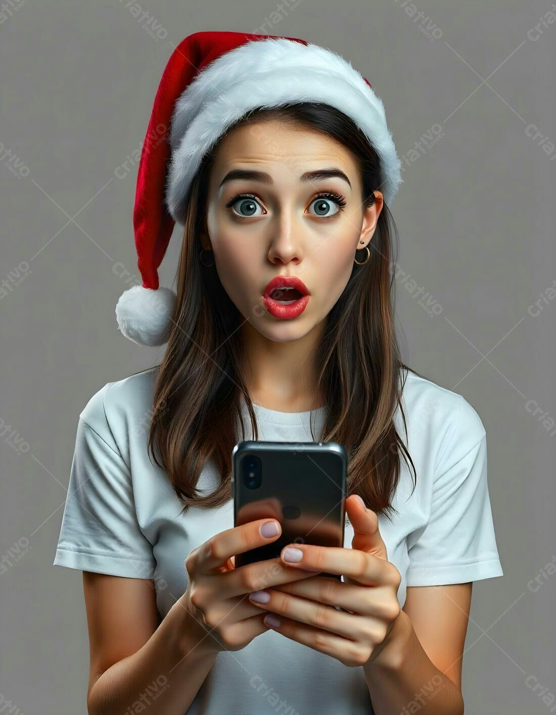Mulher surpresa usando celular Natal
