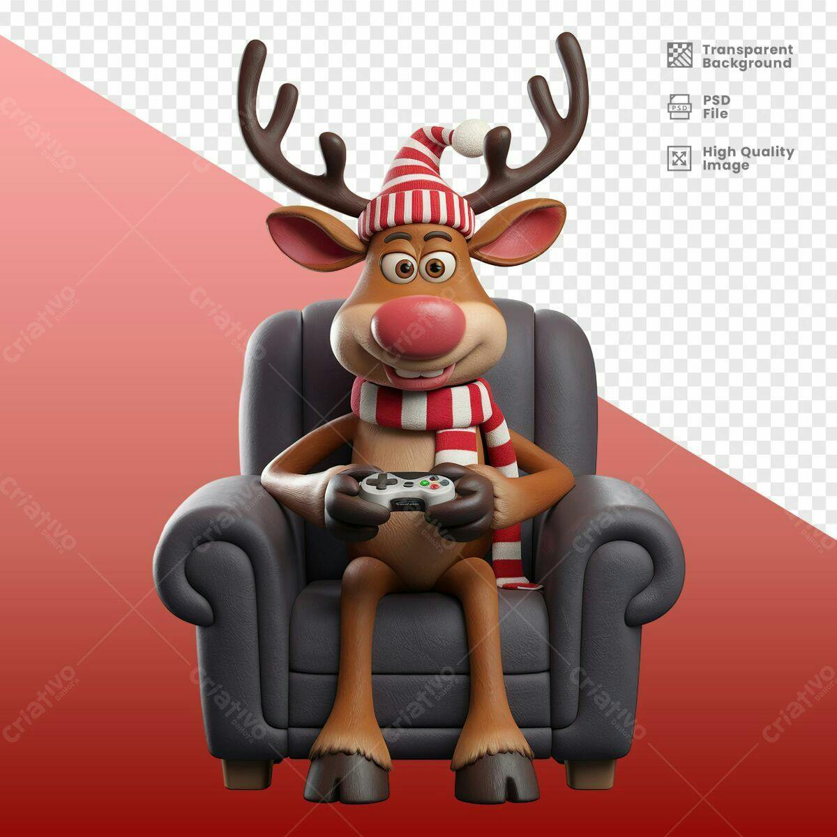 Ilustração Rena Jogando Game Natal PSD Editável