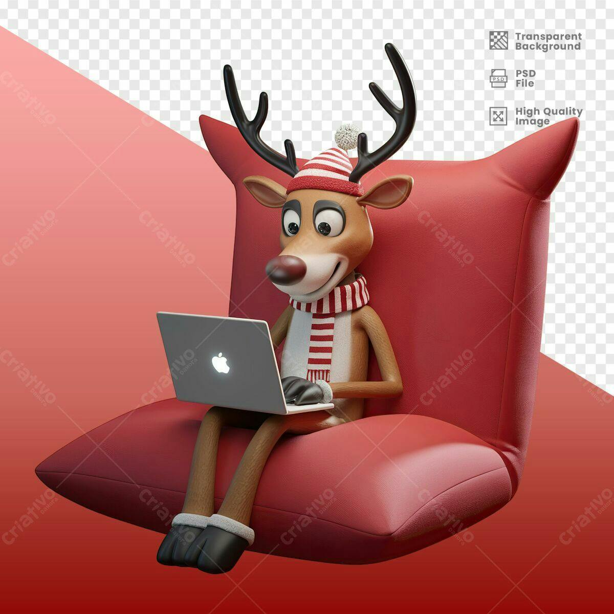 Ilustração Natalina Rena com Notebook PSD Editável