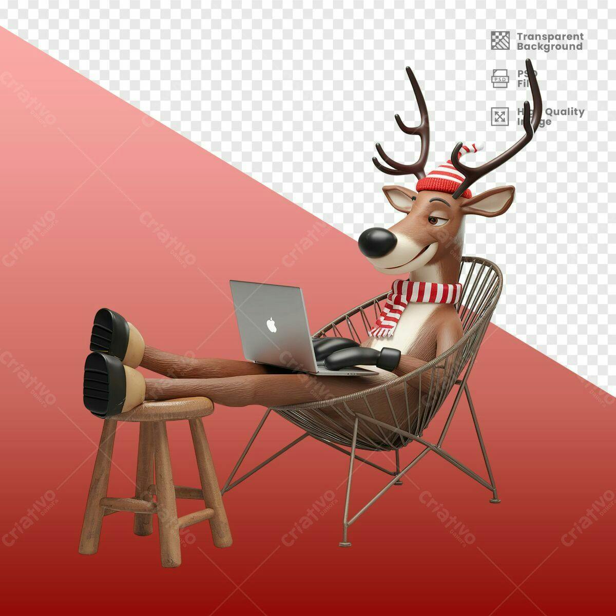 Ilustração Natalina Rena com Notebook PSD Editável