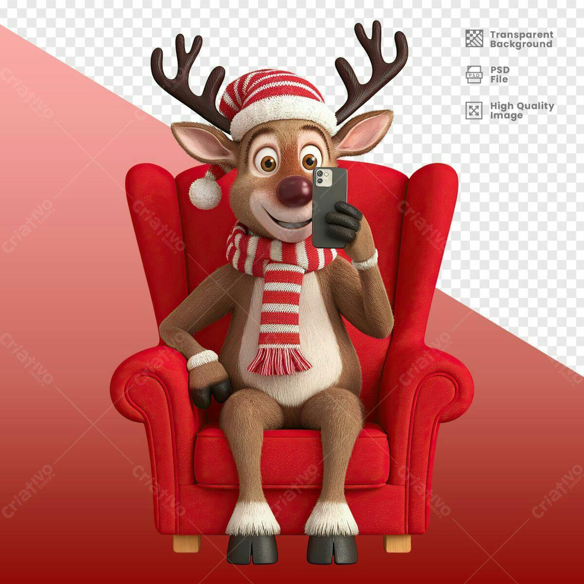 Imagem Natalina Rena com Celular PSD Editável