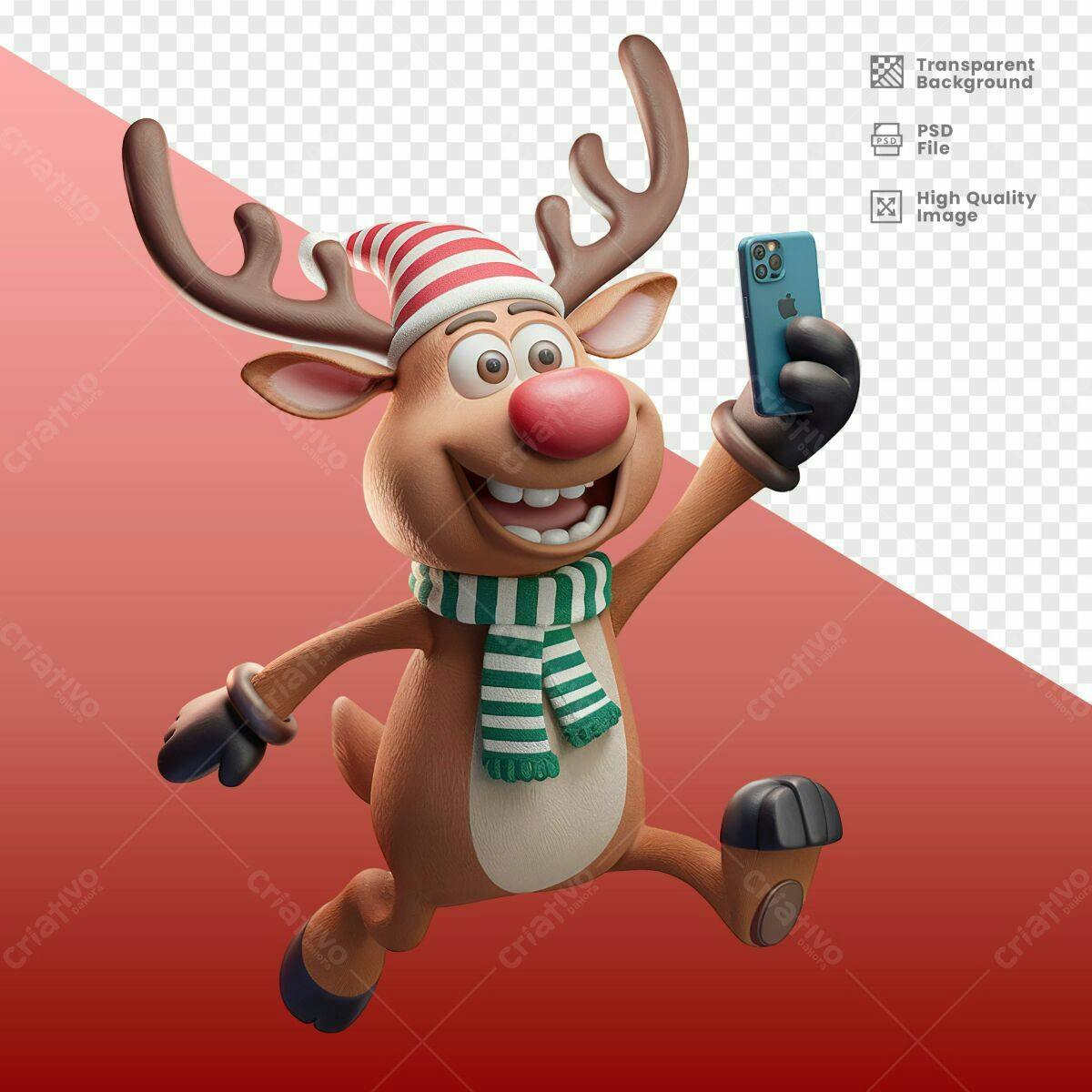 Personagem Natalino 3D - Rena com Celular PSD Editável