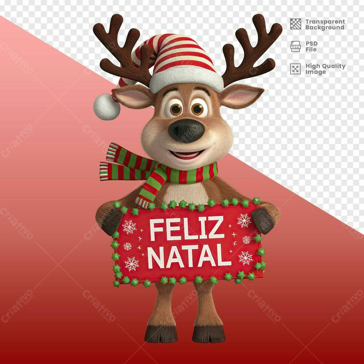 Imagem Natalina Rena com Placa Feliz Natal PSD Editável