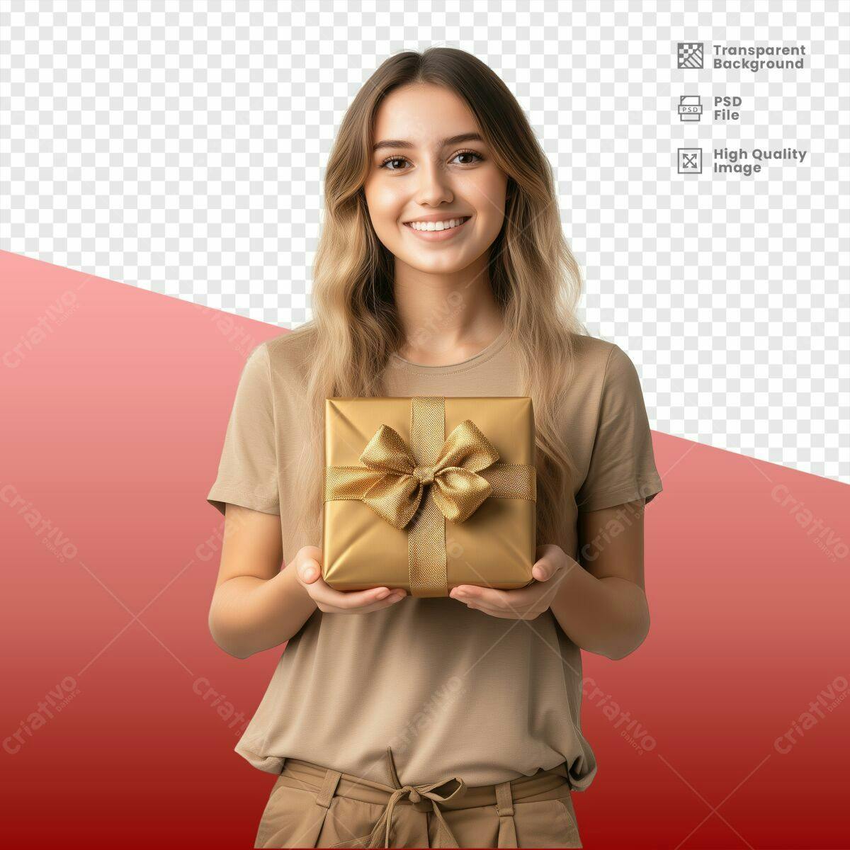 Imagem de Mulher com Presente Dourado PSD Editável