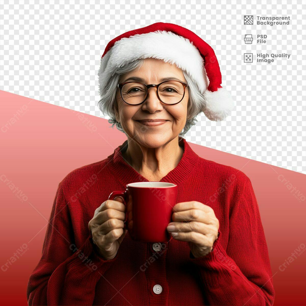 Imagem Natalina com Idosa Bebendo Chá PSD Editável