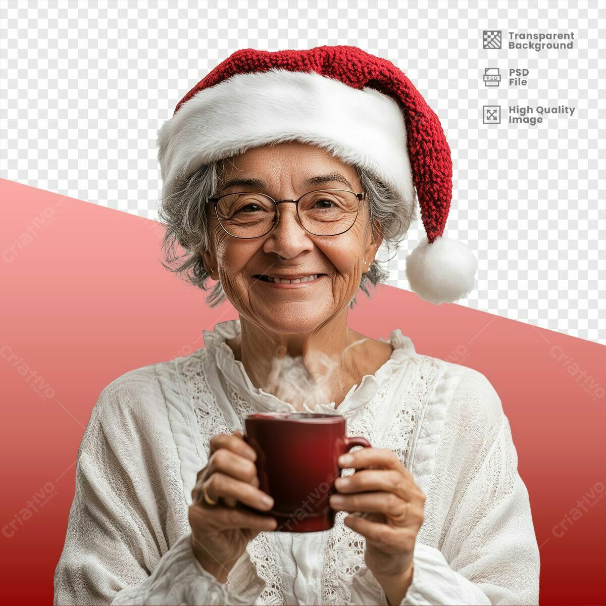Imagem Natalina com Senhora Idosa e Caneca PSD Editável