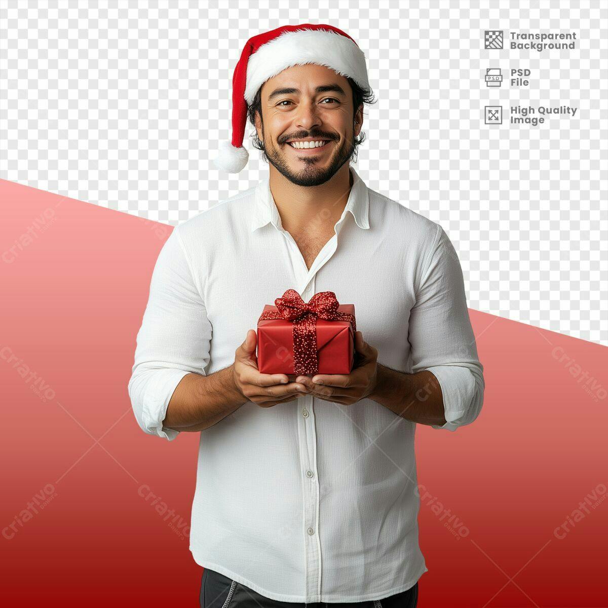 Imagem Natalina com Homem Sorrindo segurando Presente PSD Editável