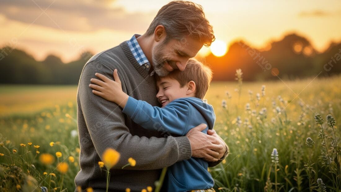 Pai e filho abraçados ao pôr do sol